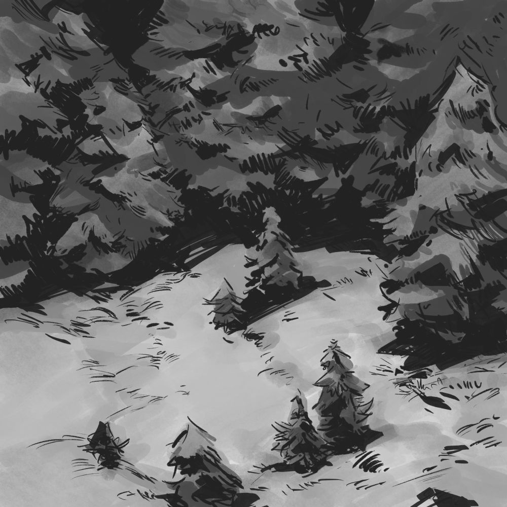 Ink drawing of pine trees and a clearing. #art