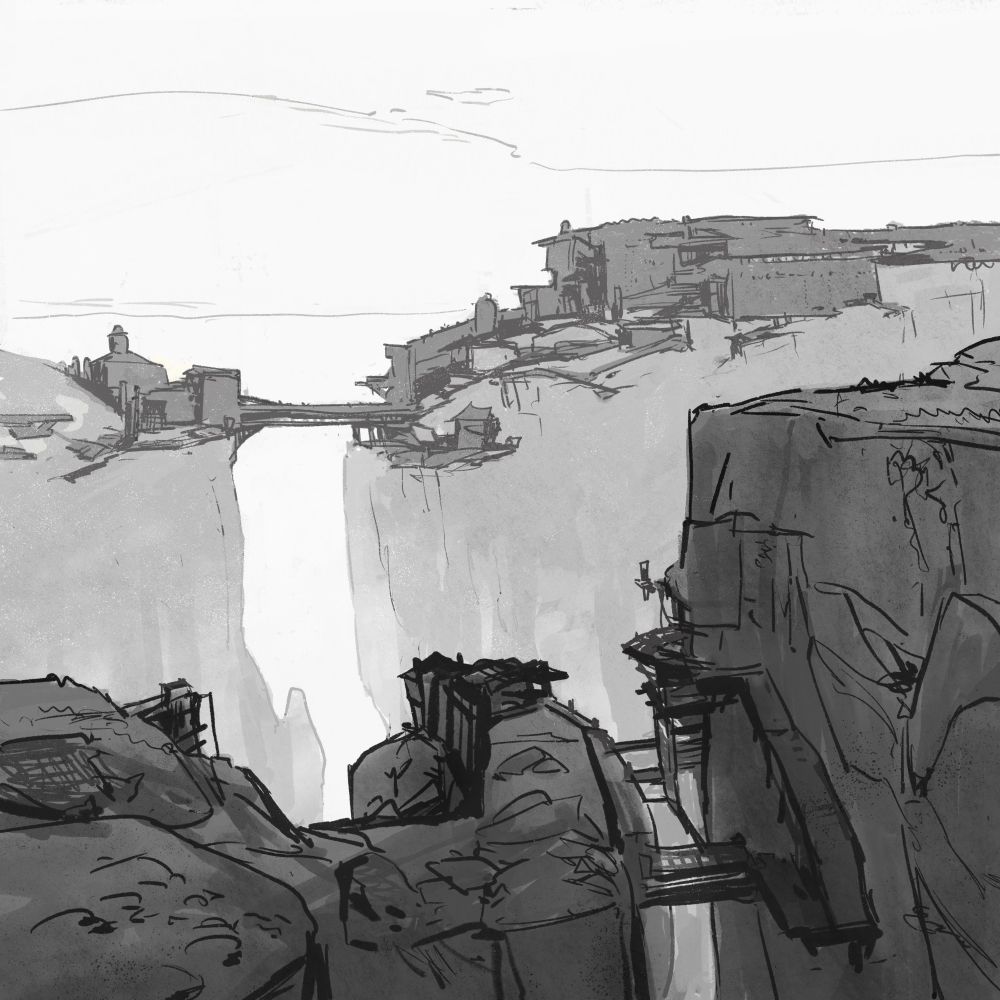 Medieval fantasy settlements with wooden supports, built atop tall windy cliffs which descend into mist below.