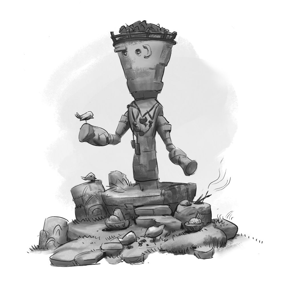 A tribal, religious statue in the shape of a stickman with a big head and a brazier on top stands awkwardly, arms outstretched, while little birds land on it and peck at the offerings in front of it. Incense burns on one of the stone pedestals. #art