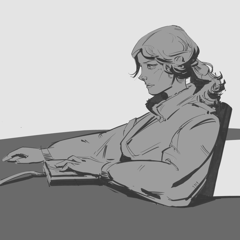 Girl in puffy vest focusing on her computer, hand on mouse and futuristic keyboard. #art