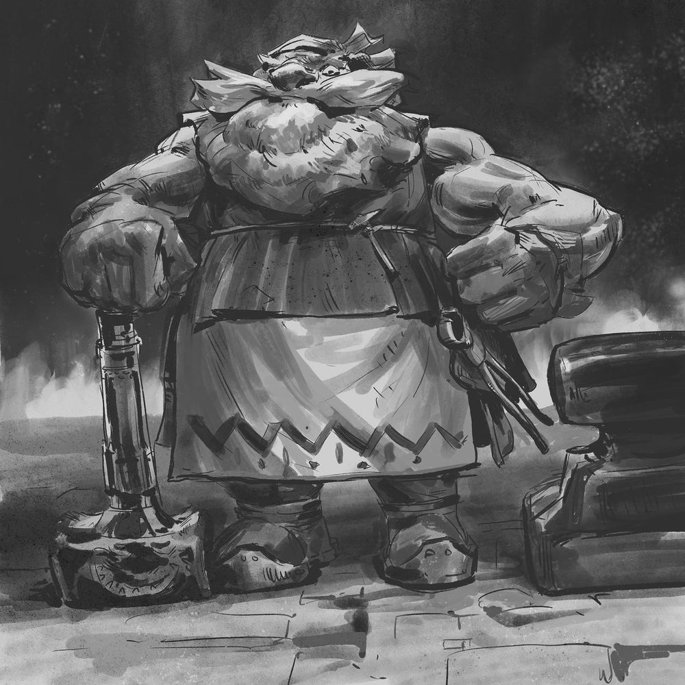 A burly, bearded dwarf blacksmith leans on a big metal hammer while looking at the viewer. He wears a leather apron above a simple patterned tunic and tools hang from his belt, among which is a tiny hammer. Flames of the forge roar in the background. #art