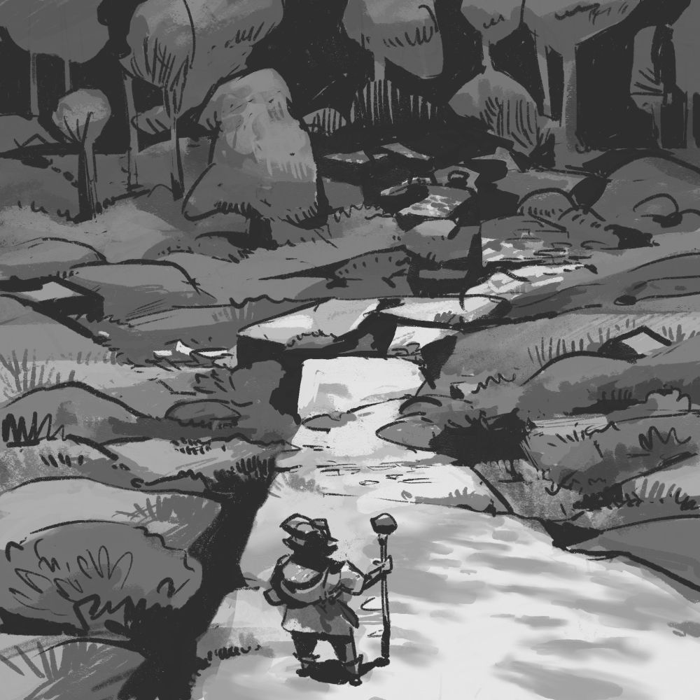 Ink drawing of adventurer looking down a mossy, cracked stone path that leads into the woods. #art