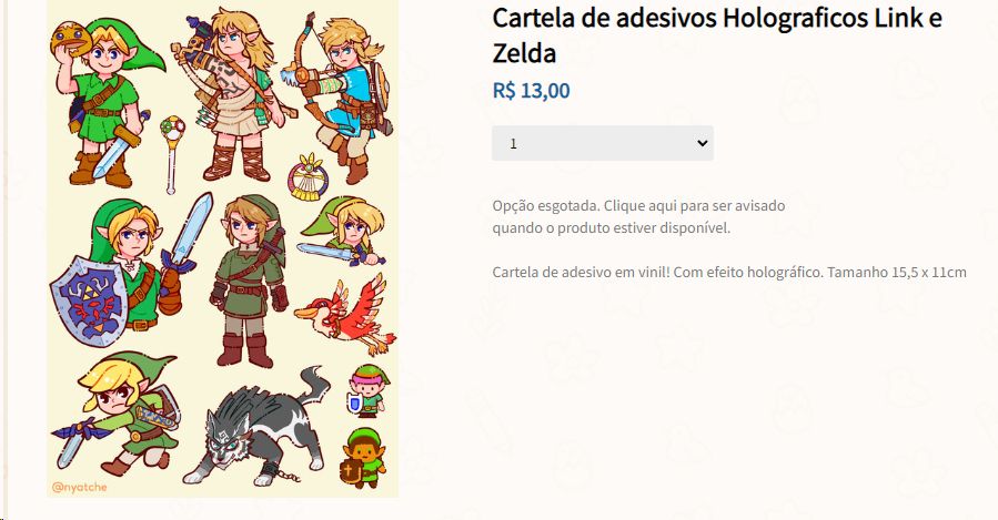 Uma cartela de adesivos simplesmente incrível com algumas das versões mais icônicas do herói Link da série The Legend of Zelda: Minish Cap Link, Link lobinho, Hero of Time Link, Breath of the Wild/Tears of the Kingdom Link, A (Link) to the Past, entre outros.