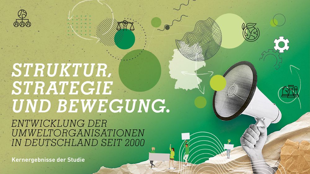 Zu sehen ist der Text "Struktur, Strategie und Bewegung. Entwicklung der Umweltorganisationen in Deutschland seit 2000." auf grünem Hintergrund mit verschiedenen Symbolen wie einer Deutschlandkarte, einer Waage, Zahnrädern und einem Lautsprecher.