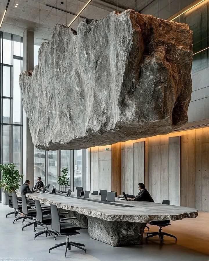 boardroom desk carved from stone with an immense roughly hewn boulder suspended above it in a menacing fashion 

By The Davani Group, Seattle, WA - high end fabricators