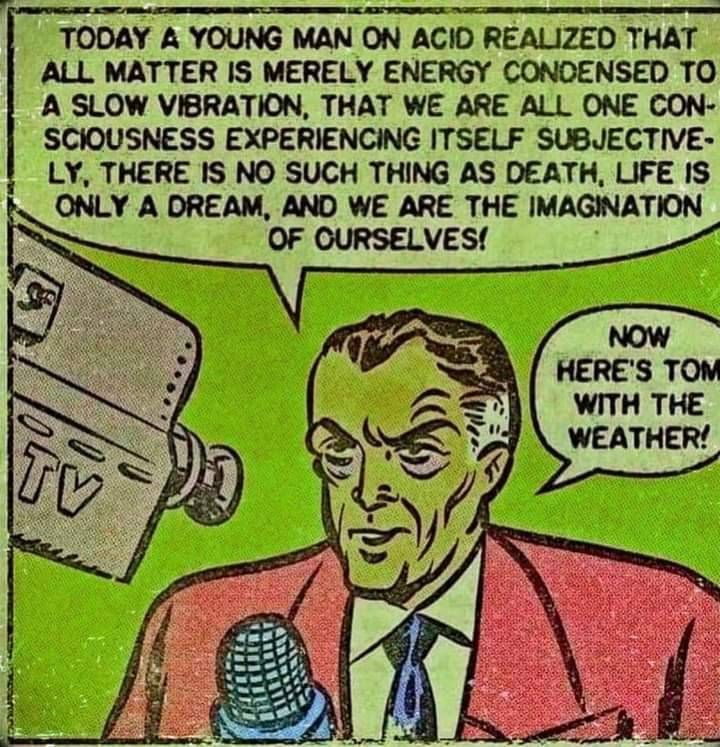 cartoon panel of a newscaster, word bubbles read

today a young man on acid realized that all matter is merely energy condensed to a slow vibration, that we are all one consciousness experiencing itself subjectively, there is no such thing as death, life is only a dream, and we are the imagination of ourselves!

now here's Tom with the weather!