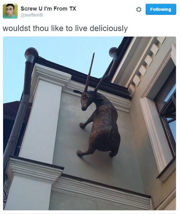 old post from surfbordt- a Russian art installation, a metal sculpture of a goat standing on the wall of a building looking down at the ground over its shoulder captioned

wouldst thou like to live deliciously 