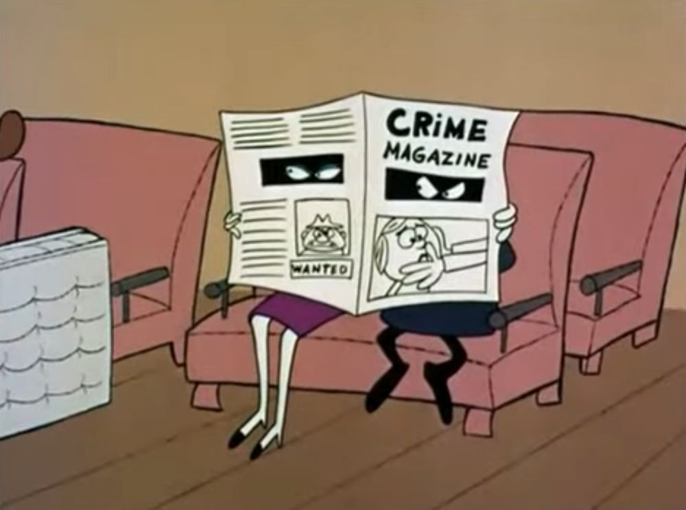 Boris and Natasha spying through eye cutouts in an issue of CRIME MAGAZINE 