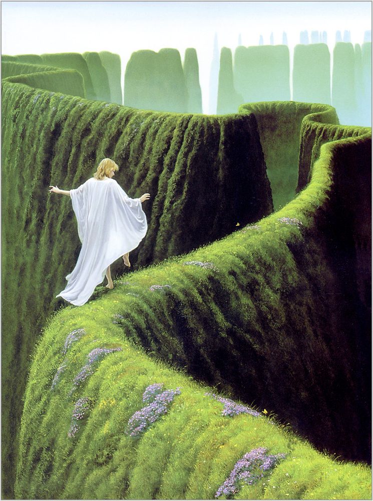'Edgedancer'
Michael Whelan

a white robed figure capering along a narrow grassy precipice