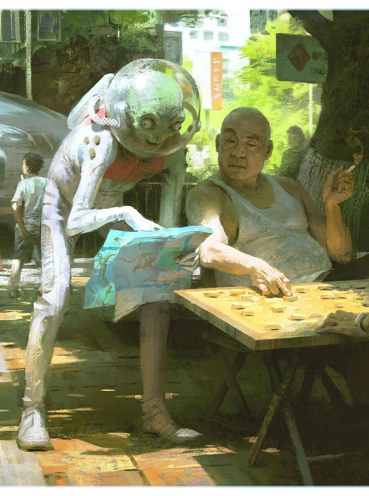 Uncle, how to get to the beautiful country? by  Xiaoyu Wang  

a green alien in a space suit showing a map to a seated man smoking a cigarette playing a board game
