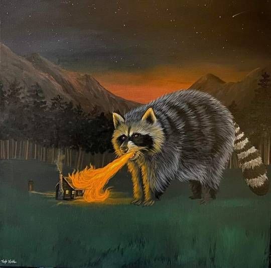 Kyli Walls

painting of a racoon kaiju setting a cabin on fire with its godzilla-esque flame breath 