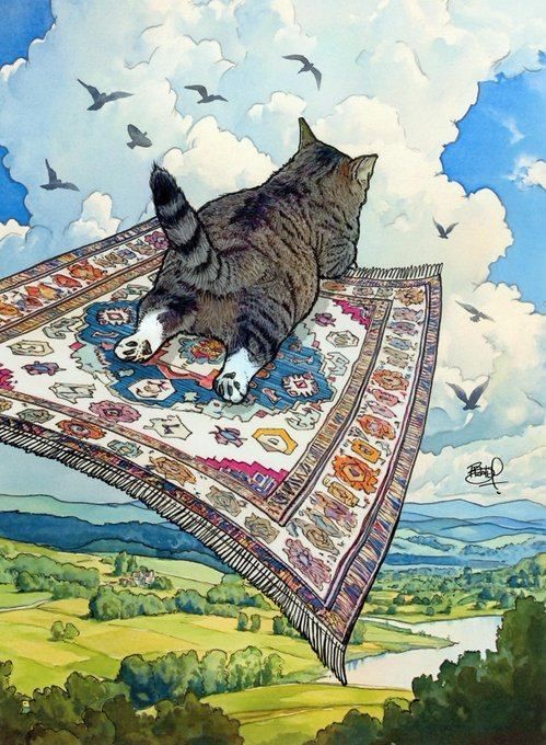 Shawn Braley

painting of the rear view of a cat on a flying carpet soaring across a green countryside toward a bunch of birds 