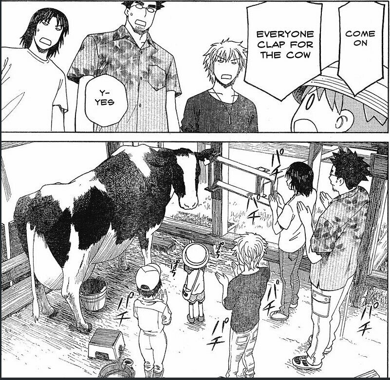 two panels from a manga, in panel 1 a child exhorts their family "everyone clap for the cow.  Come on." 
the family responds "y-yes" and in the second panel all are clapping for a cow that looks at them bemused