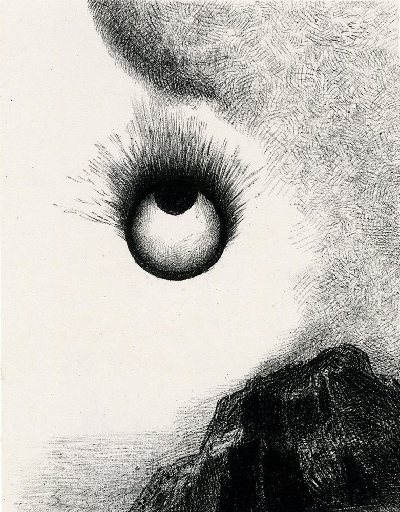 b&w etching of a mountain and sky with an abstract eye design