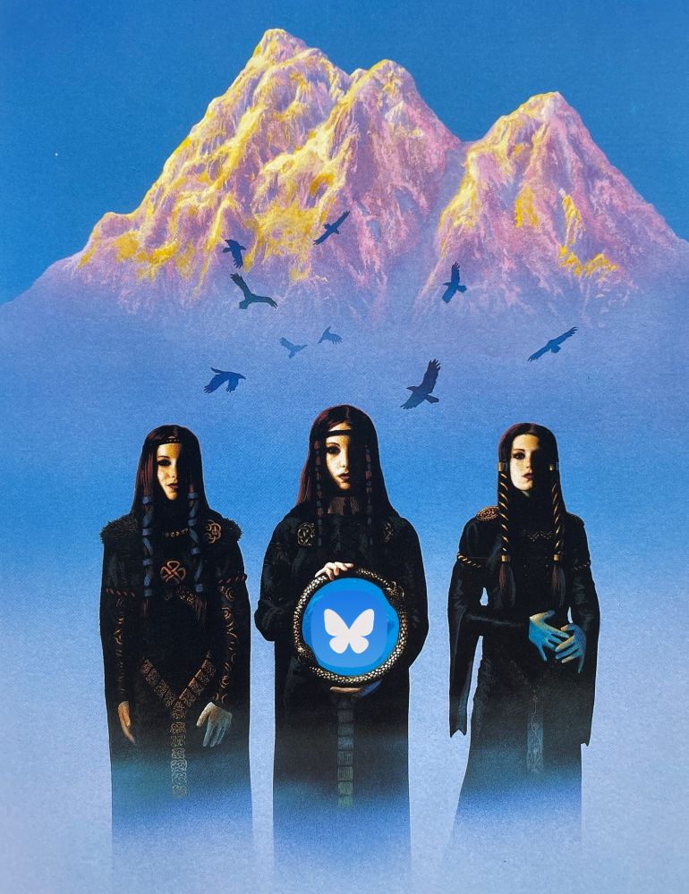 'Snows of Darkover' Tim White 

three figures robed in black against a background of towering snowy peaks and silhouetted birds, the central figure holds up a round frame containing the Bluesky logo 