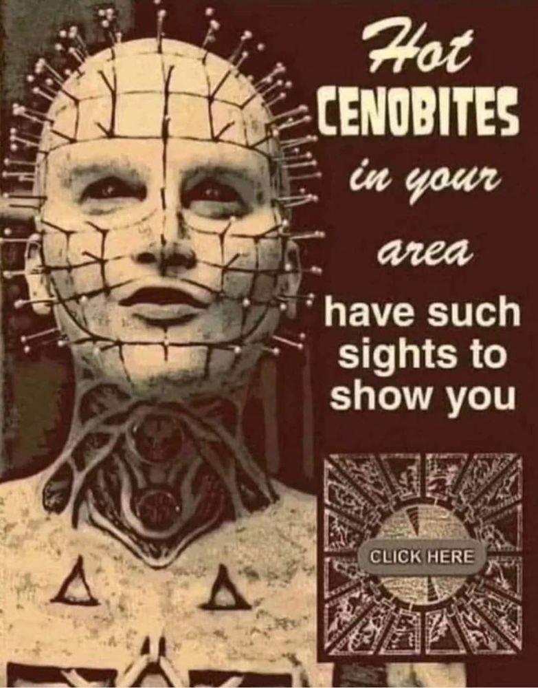 illustration of Pinhead captioned
Hot Cenobites in your area have such sights to show you
with a picture of a Lament Box labeled 
CLICK HERE 