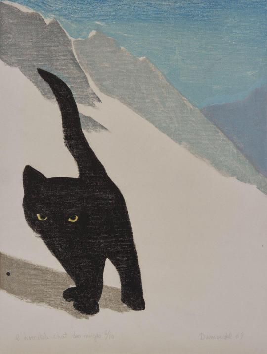 print of a black cat with yellow eyes on a snowy mountainside