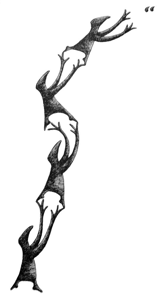 four of Gorey's Weird Little Guys stacked atop one another reaching for a "