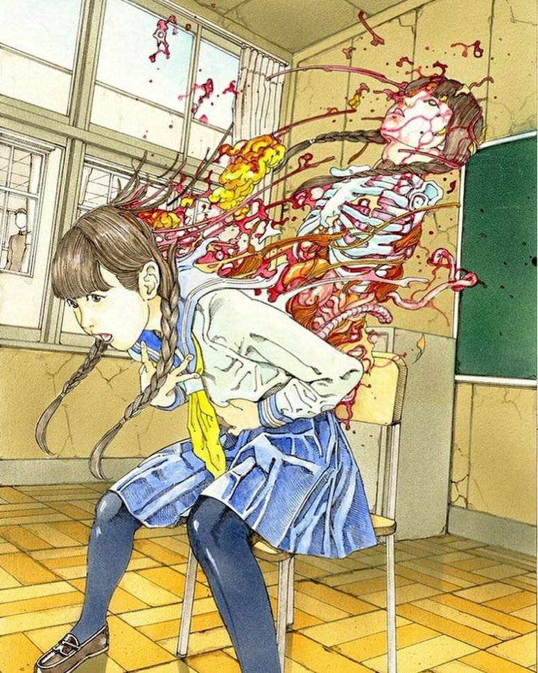 Shintaro Kago illustration of a schoolgirl doubled over in pained surprise while her skeleton and vicera explode out of her bsvk