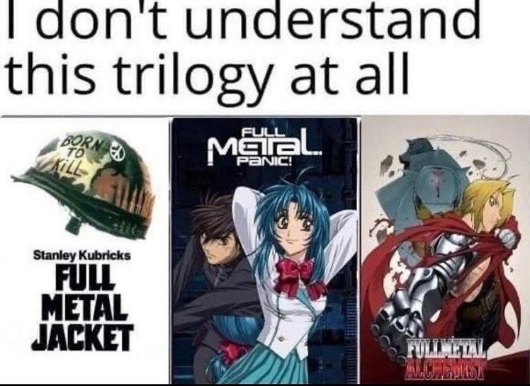 posters for Full Metal Jacket, Full Metal Panic and Full Metal Alchemist side by side captioned 

I don't understand this trilogy at all 