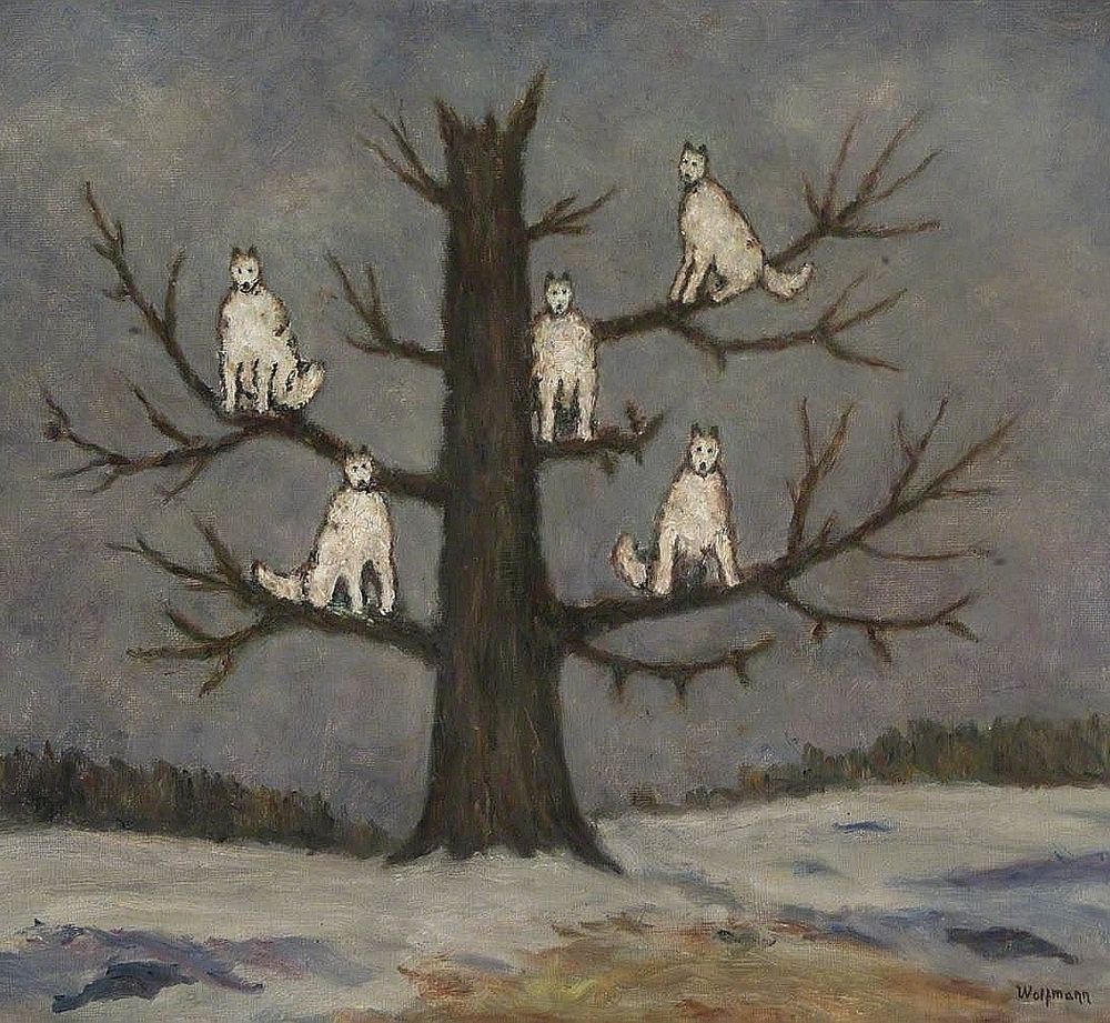 folk art style monochrome painting of 5 wolves sitting on the branches of a bare tree 