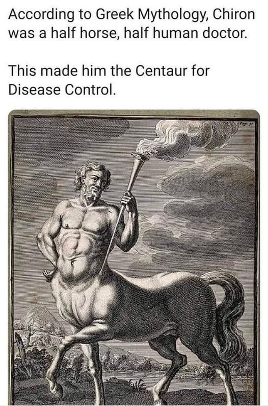 etching of a centaur captioned

According to Greek mythology, Chiron was a half horse, half human doctor.

This made him the Centaur for Disease Control. 