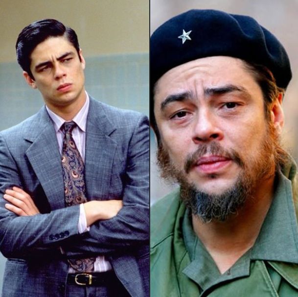 young, dapper Benecio Del Toro in a suit and tie juxtaposed with older Benicio Del Toro as Che Guavara in Steven Soderbergh's two part epic 'Che' 