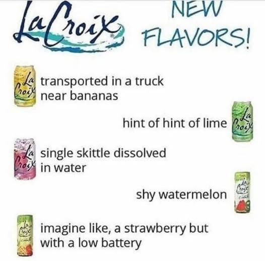 La Croix new flavors!
- transported in a truck near bananas
- hint of hint of lime
- single skittle dissoved in water
- shy watermelon
- imagine like, a strawberry but with a low battery