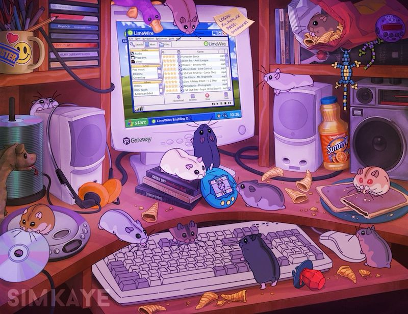 An assortment of dwarf hamsters use an early 2000s gateway desktop to pirate music using LimeWire. The hamsters are interacting with nostalgic y2k clutter across the desk, such as eating Bugles, chewing on CDs, playing with a tamagotchi that says “kill me”, and eating pop tarts. 