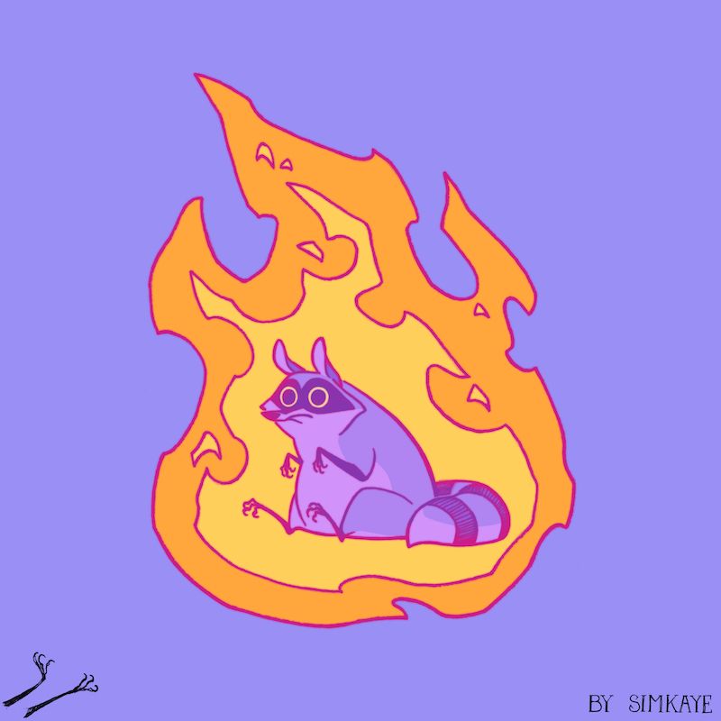 Bewildered purple raccoon, engulfed in flames, on a purple background 