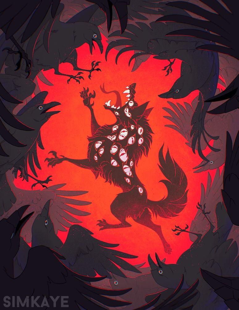 Digital illustration of a fork-tongued mutant wolf covered in eyeballs, roaring on a red background. The mutant wolf of surrounded by a circle of large crows in flight, taking on the foe together 