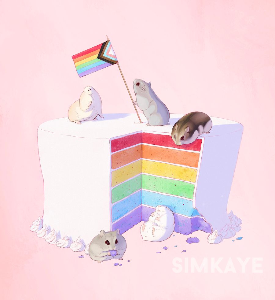 A digital illustration of hamsters with a rainbow cake topped by a tiny inclusive pride flag on a toothpick. The background is soft pink. 

The cake has white icing with a slice cut out, revealing rainbow sponge layers within. 

A gray hamster is on the ground eating a chunk of purple sponge, next to it is a white hamster, full of cake, passed out leaned against the cake. A dark brown hamster is perched on the edge of the cake looking down at them. 

A cream colored hamster looks up at the inclusive pride flag atop the cake while a second gray hamster paws at the toothpick, causing it to tilt. 
