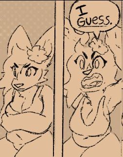 A two panel comic featuring my fursona, A fennec fox with wavy hair and a small flower clip. I the first image she is pouting with her arms crossed. In the Second her arms are raised and shouting in exasperation with the speech bubble saying "I guess." 