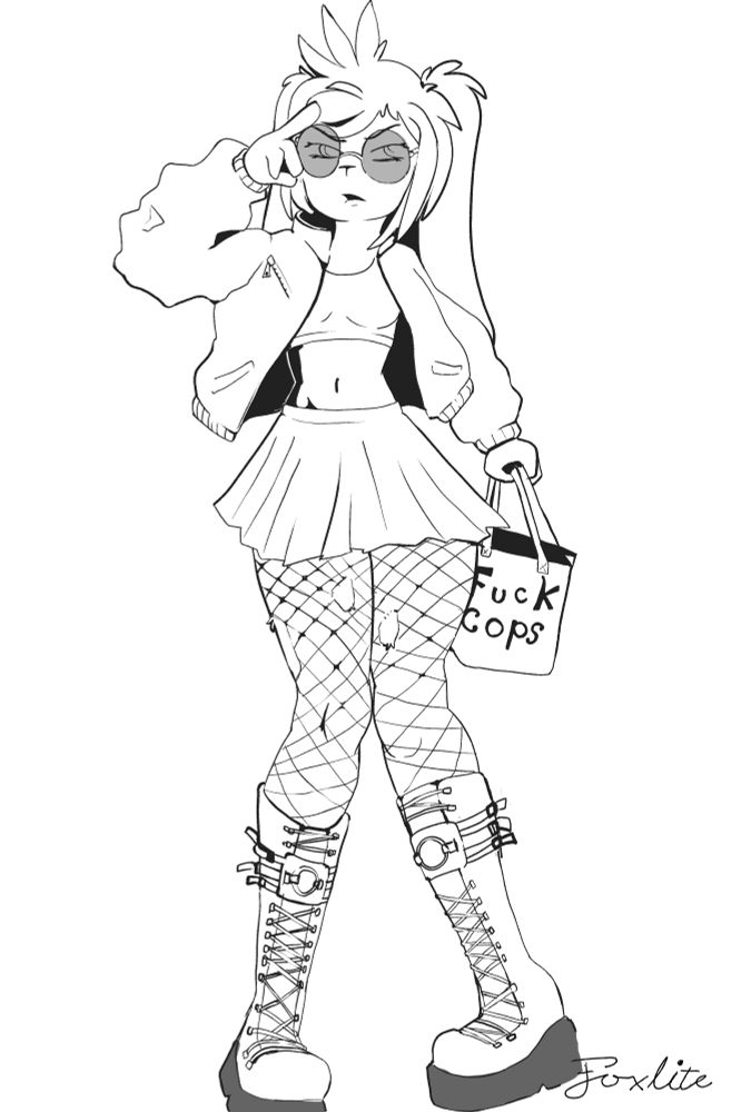 A bunny anthro with a sassy expression on her face as she adjusts her tinted glasses, she is wearing platform goth boots and fishnets with a skirt and a jacket, she is holding a bag that says "fuck cops" on it
