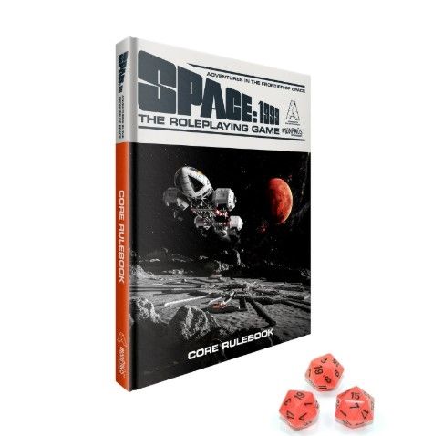 Cover of Space: 1999 Roleplaying Game and three d20 dice.