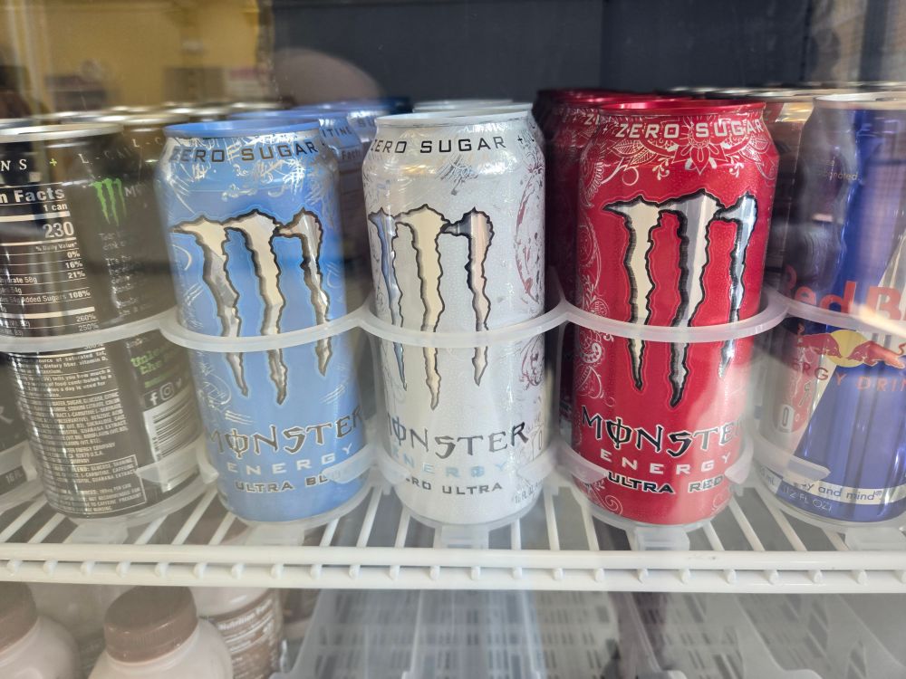 The patrioticly arranged cans of Monster.