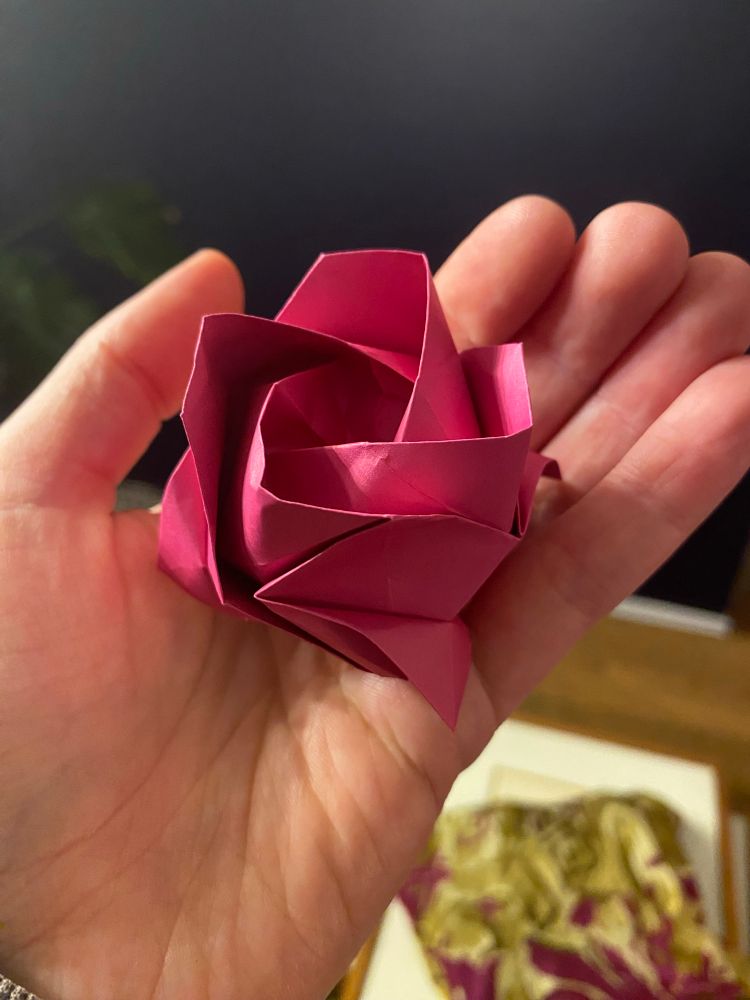One pink origami rose held in hand