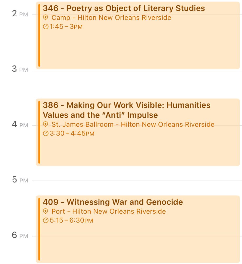 Shows three MLA panels: Poetry as Object of Literary Studies, Making Our Work Visible, and Witnessing War and Genocide