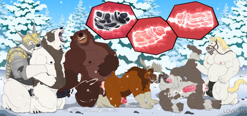 A digital picture showing an orgy with many different anthro characters, all of them are having an orgasm. In the pic you can see three couples: Ragnar having sex with Iorek (from the movie The Golden Compass, and they are wearing their armours), Tug having sex with Tuke (from the movie Brother Bear) and Maximus (from Tangled) having sex with Sven (from Frozen). They are having the orgy on a snowed montain. You can also see some panels showing the penetrations from inside. There is a string of saliva between Tuke and Sven, which means they were kissing. Tug is also jerking off Iorek.