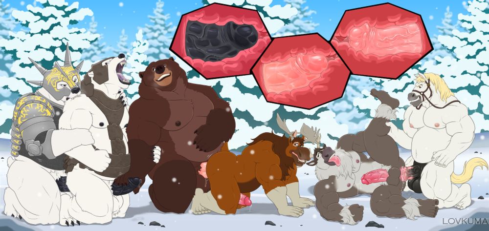 A digital picture showing an orgy with many different anthro characters, where you have three couple: Ragnar having sex with Iorek (from the movie The Golden Compass, and they are wearing their armours), Tug having sex with Tuke (from the movie Brother Bear) and Maximus (from Tangled) having sex with Sven (from Frozen). They are having the orgy on a snowed montain. You can also see some panels showing the penetrations from inside. There is a string of saliva between Tuke and Sven, which means they were kissing. Tug is also jerking off Iorek.