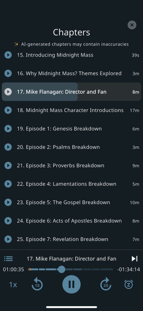 Chapters for the Midnight Mass miniseries discussion automatically generated by Metacast 