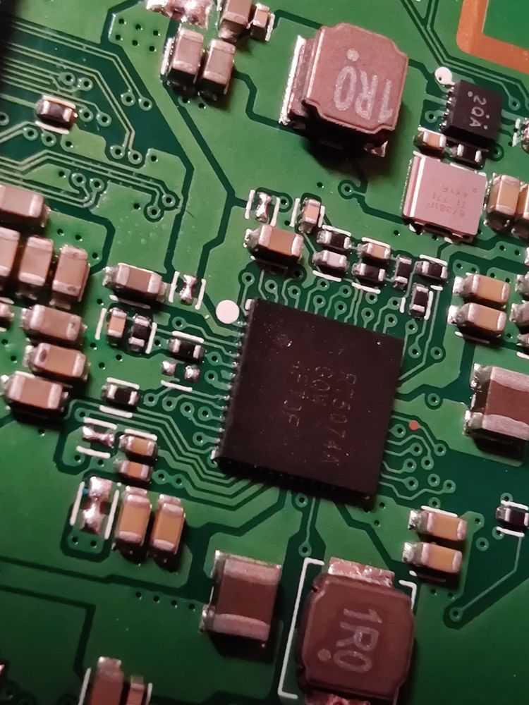 Close up of a RT5074A power management chip on the Acute Angle PC motherboard.