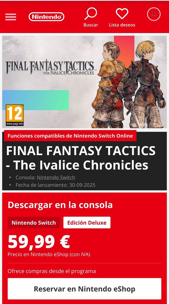 Screenshot of the Spanish Nintendo eshop showing Final Fantasy Tactics - The Ivalice Chronicles for €59.99