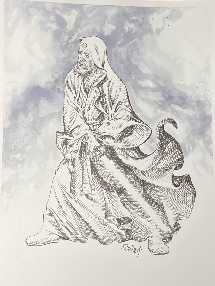 An ink line drawing of Obi-Wan Kenobi holding his lightsaber.