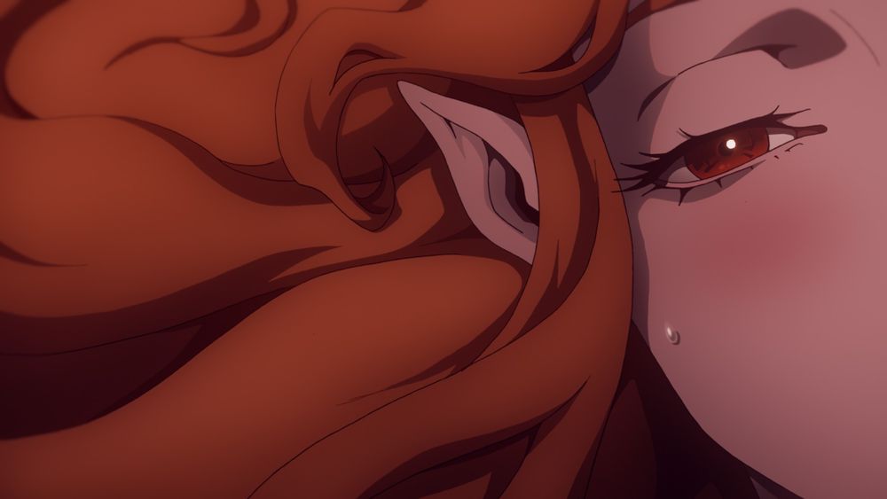 An image showing a result of the compositing process for Castlevania Season 3.

This one shows what the final production footage would look like without the extra layering described earlier. While the image certainly looks nice as it is, the hair generally looks a bit too "uniform," and the brightness overall--combined with how much of the frame it takes up--makes the hair a more likely target for your eyes, when the focus should instead be the character's face.