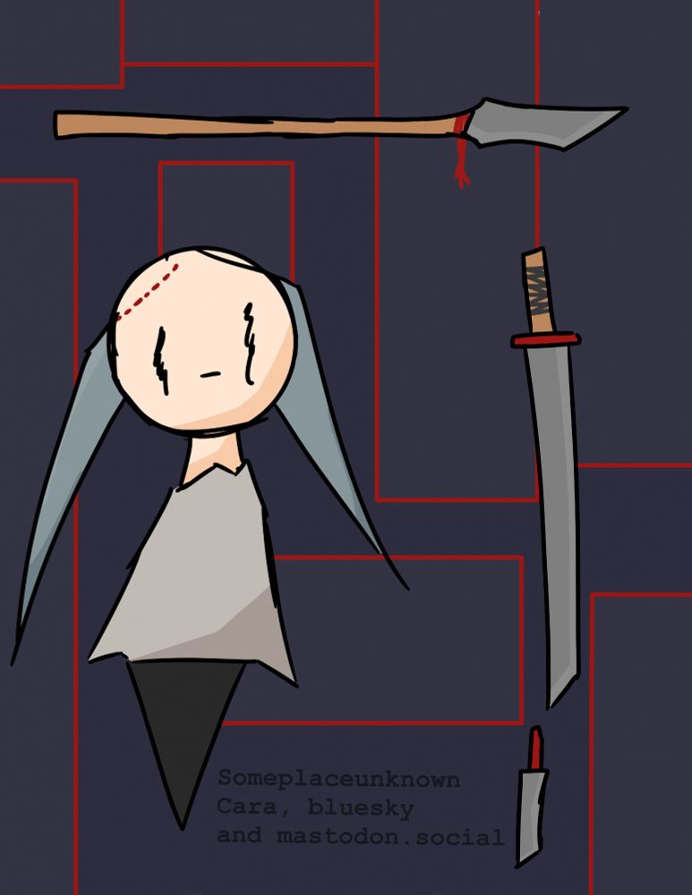 A cute, stylized character with light blue hair wearing a grey dress with some weapons around her. There is a sword, a small knife and a spear.

There is a dark background with red lines