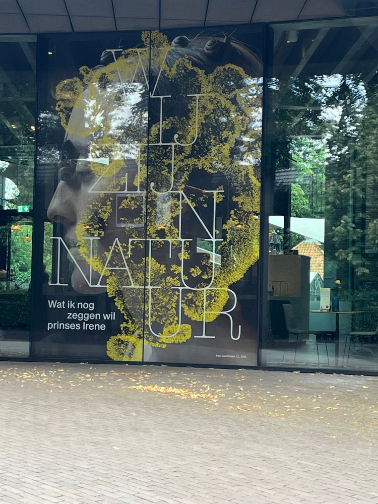 Front glass wall of a gallery. The exhibition title is in big white letters and a leafy structure is supervised on a human profile. 
