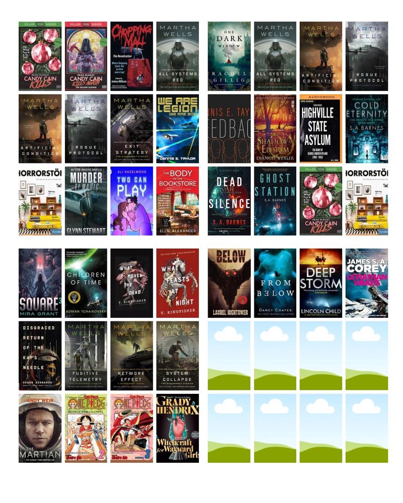 Candy Cain Kills
Candy Can Kills Again
Chopping Mall
All systems red
Artificial condition
Rogue protocol
Exit strategy
We are legion (we are bob)
Horrorstör
Murder by magic
Two can play
The body in the bookstore
One dark window
All systems red
Artificial condition
Rogue protocol
Feedback
Shadow of rlysium
High like state asylum
Candy Cain kills
Horrorstör
Cold eternity
Dead silence
Ghost station
Square3
Children of time
What moves the dead
What feasts at night
The disgraced return of the kaps needle
Fugitive telemetry
Network effect
System collapse
The Martian
One piece volume 1
One piece volume 2
One piece volume 3
Witchcraft for wayward girls
Below
From below
Derp storm
Leviathan wakes
