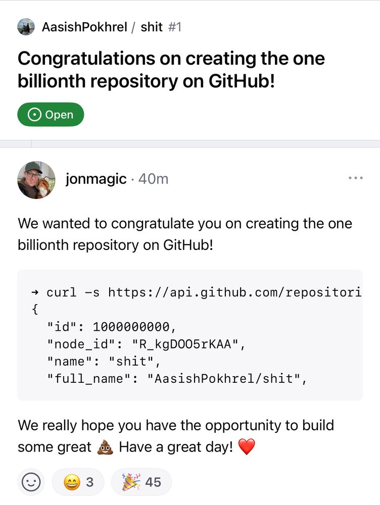 A screenshot of the billionth repository created on GitHub.com. It’s titled “shit”