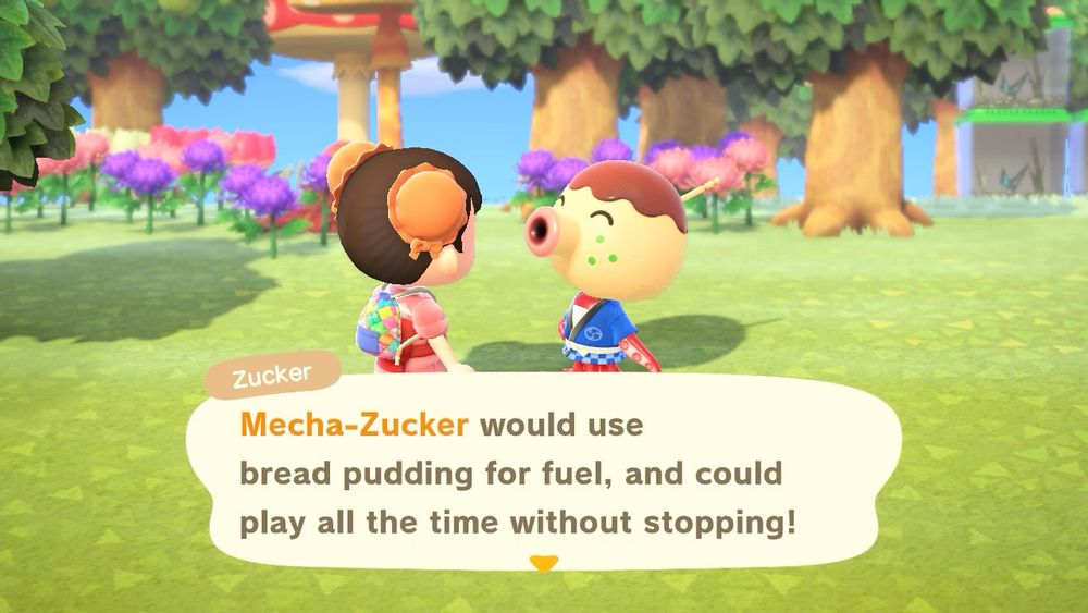 An Animal Crossing: New Horizons screenshot where Zucker the octopus lazy type villager (designed after the Japanese dish takoyaki) is saying “Mecha-Zucker would use bread pudding for fuel, and could play all the time without stopping!”